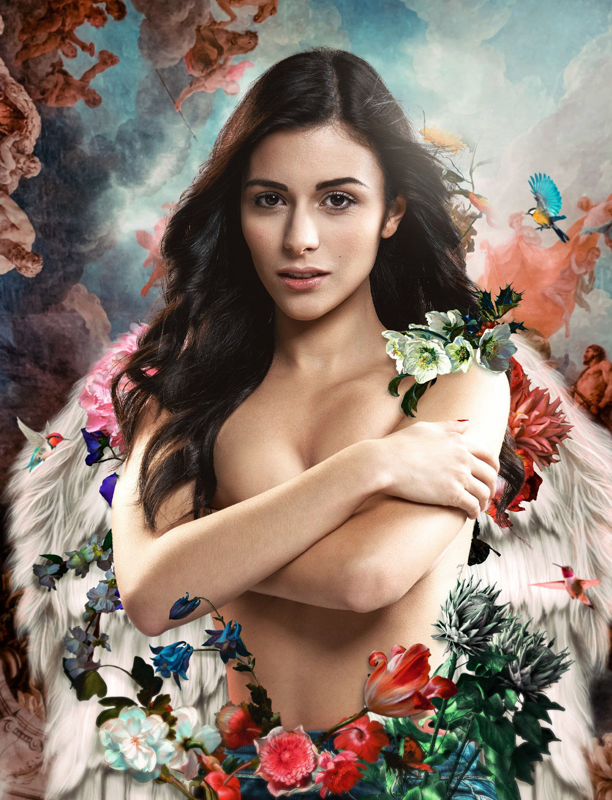 Surreal photography of a model with winds surrounded by flowers 