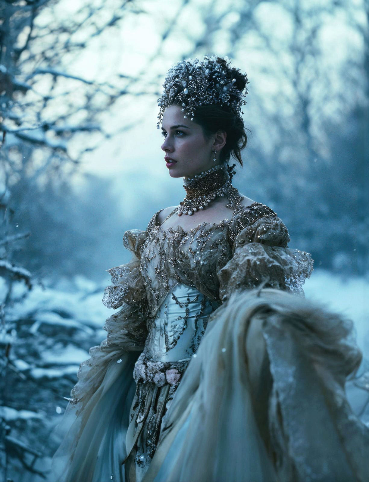 fine art image of a princess posing in a frozen lake at dawn