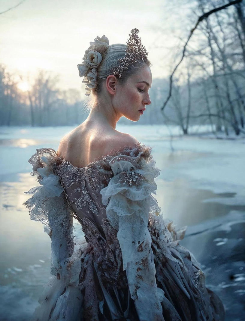 fine art image of a princess posing in a frozen lake at dawn