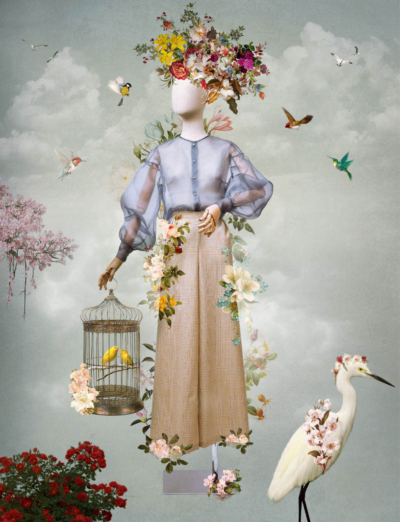 Picture of a mannequin surrounded by flowers  and butterflies
