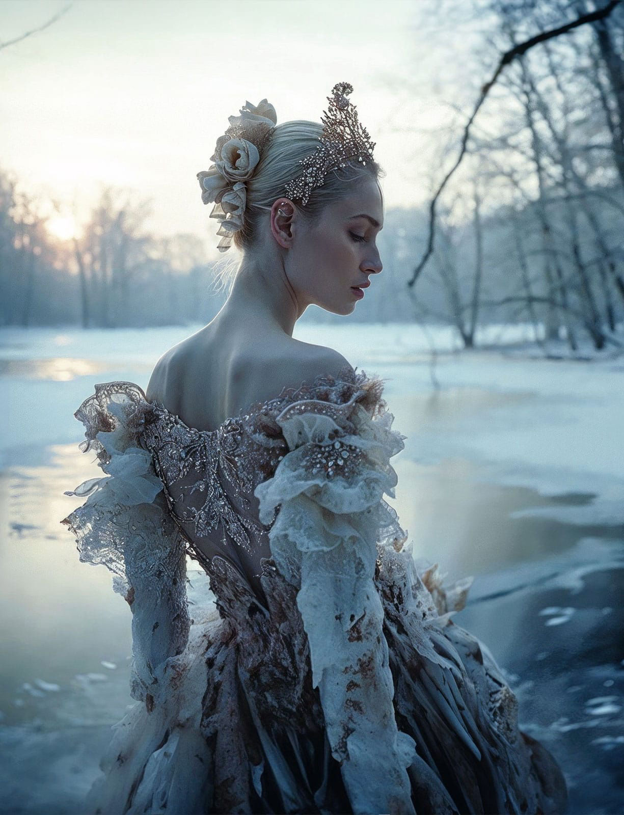 A princess is posing in front of a frozen lake