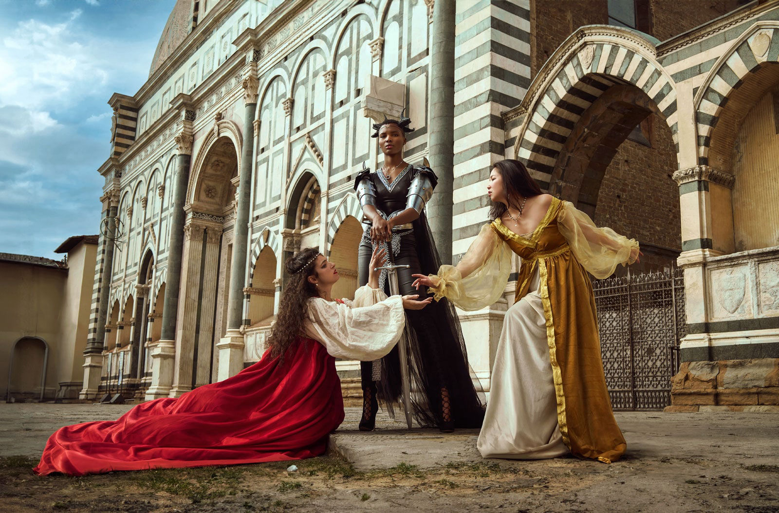 renaissance photography of three models posing in florence by luca storelli